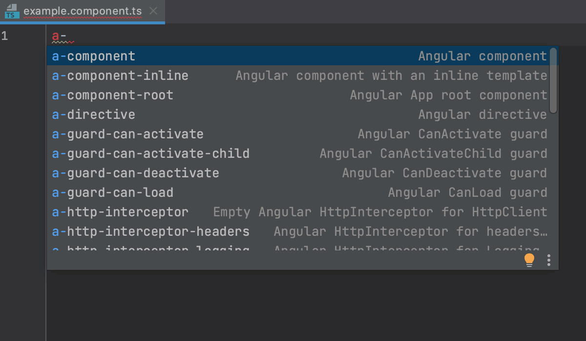 Create an Angular component using a predefined code snippet