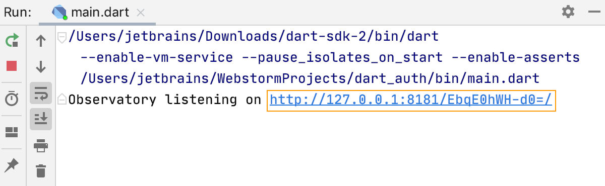 Dart: remote debugging. Copy URL and token