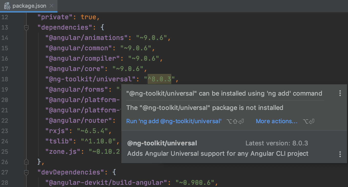 WebStorm suggests adding a dependency with ng add