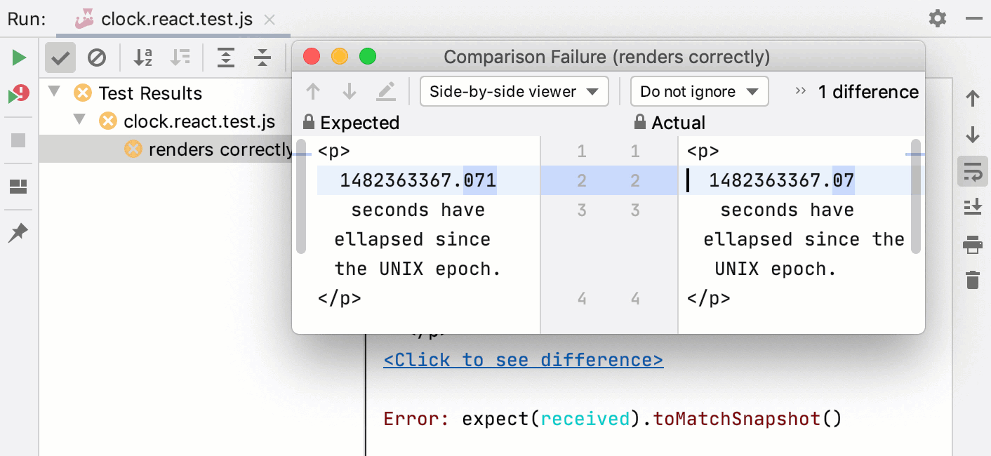 Jest snapshots: compare the expected and actual snapshots in the IntelliJ IDEA Difference Viewer