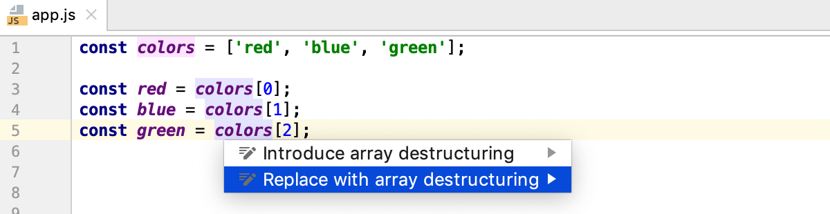 Destructuring with intention action: Replace with array destructuring