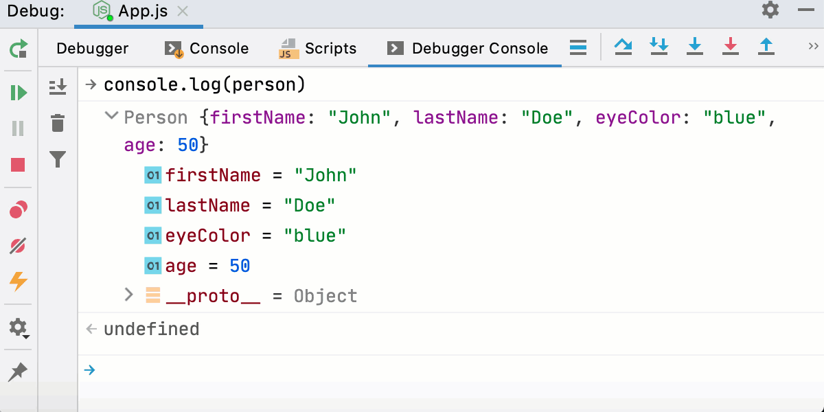 Node interactive debugger console: run JavaScript code