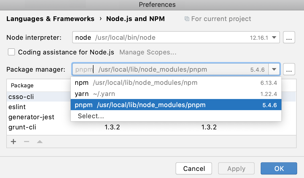 Select project package manager: choose the system default installation