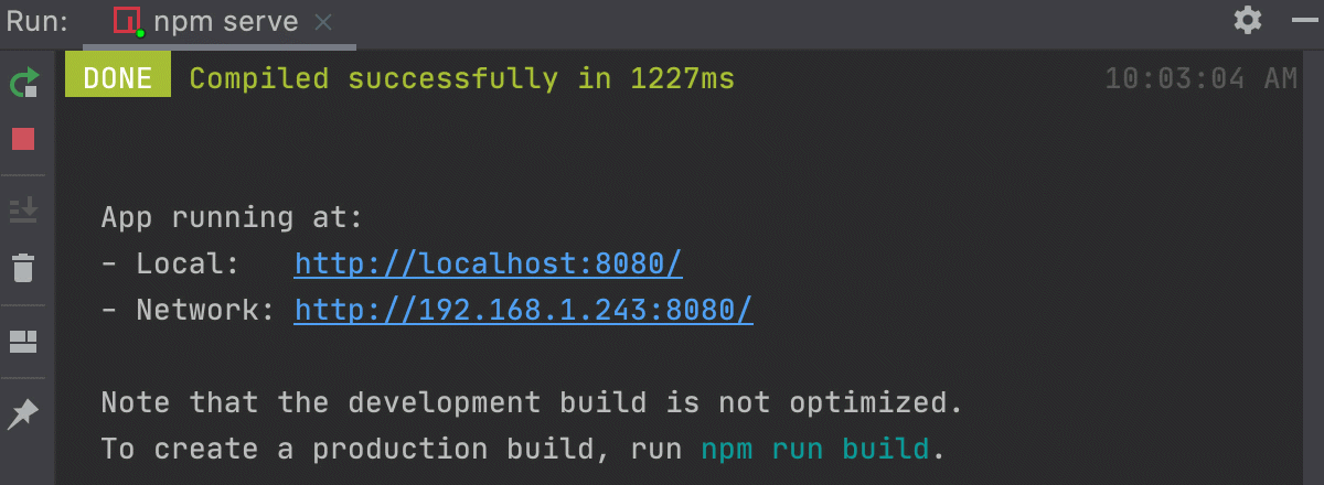 Run tool window shows the output of the npm serve command