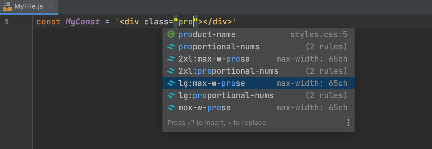 Completion for Tailwind classes in JavaScript string literals