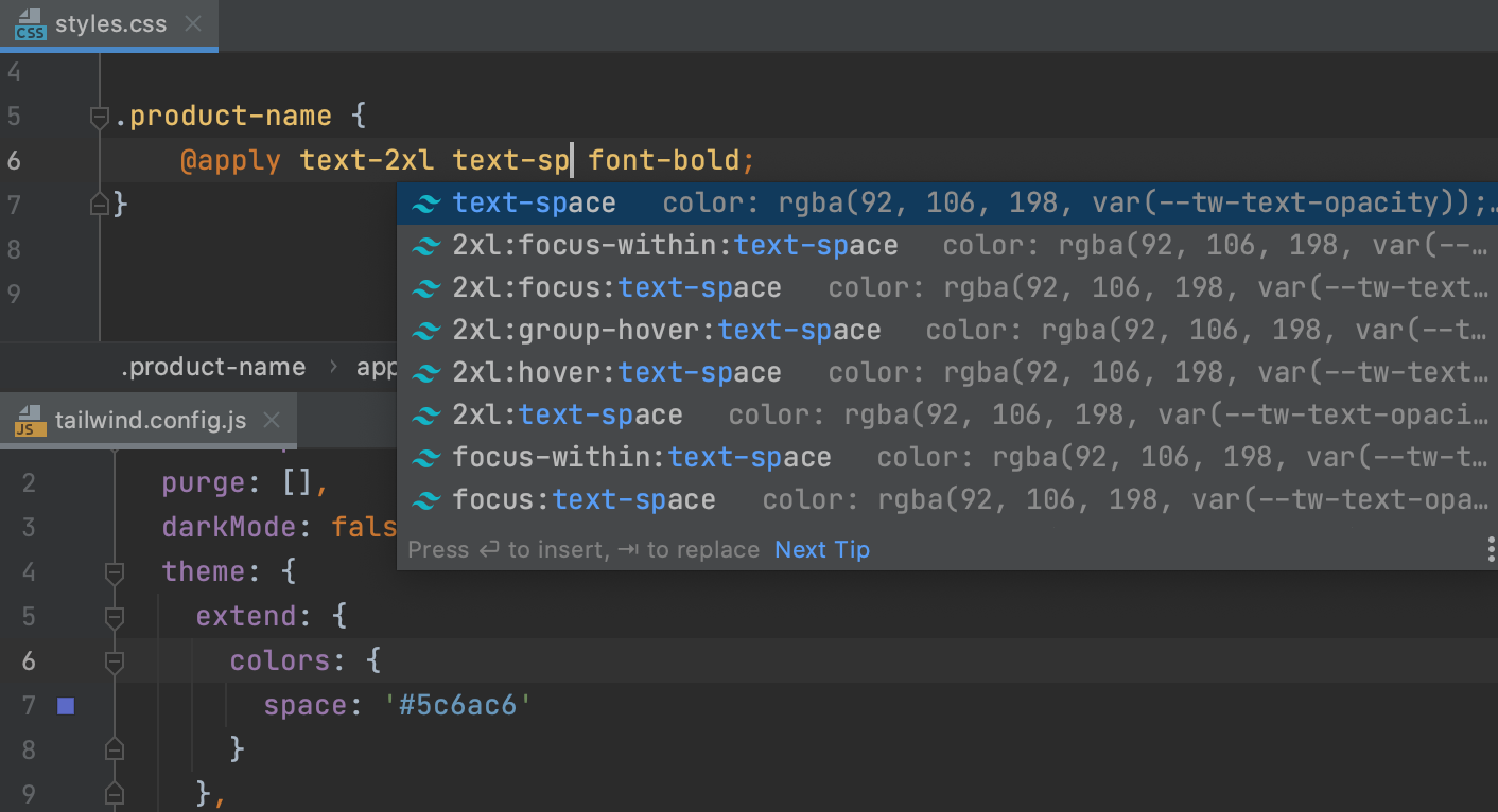 Completion based on customization in tailwind.config.js