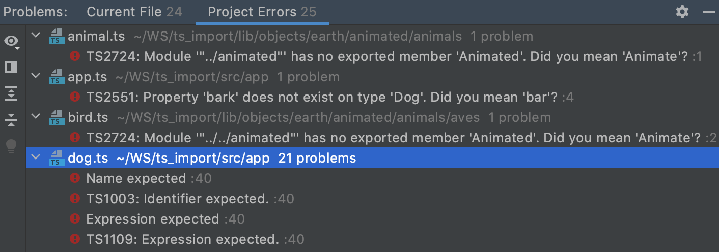 Problems tool window, TypeScript. Project Errors tab shows syntax errors across the project