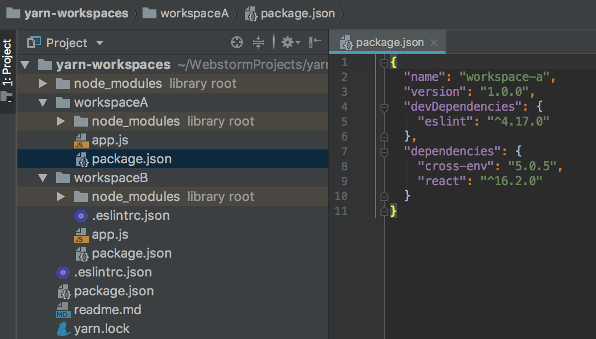 WebStorm indexes all the dependencies listed in different package.json file but stored in the root node_modules folder