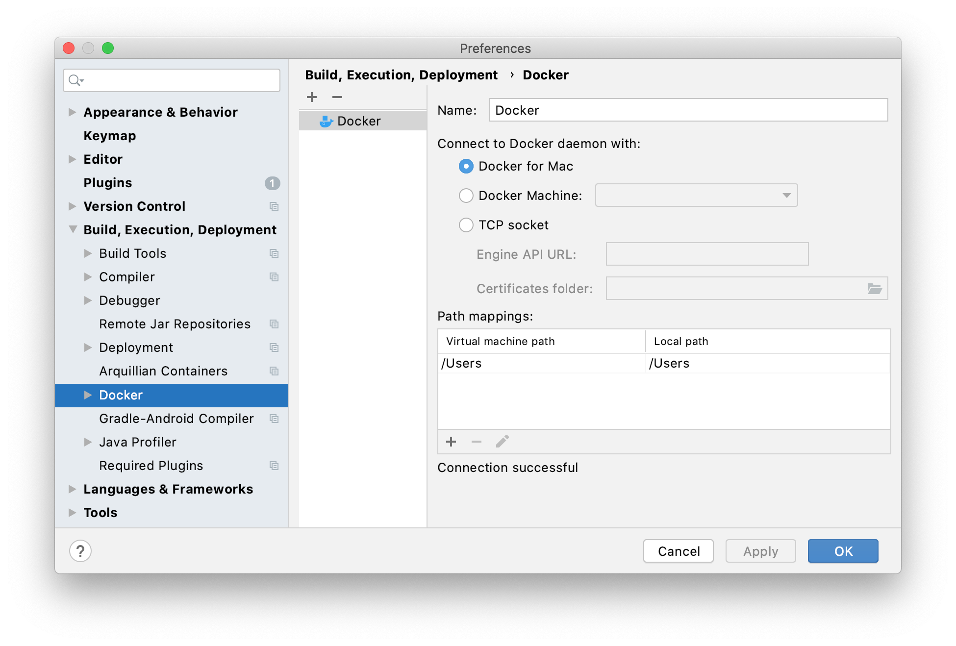 The Docker connection settings