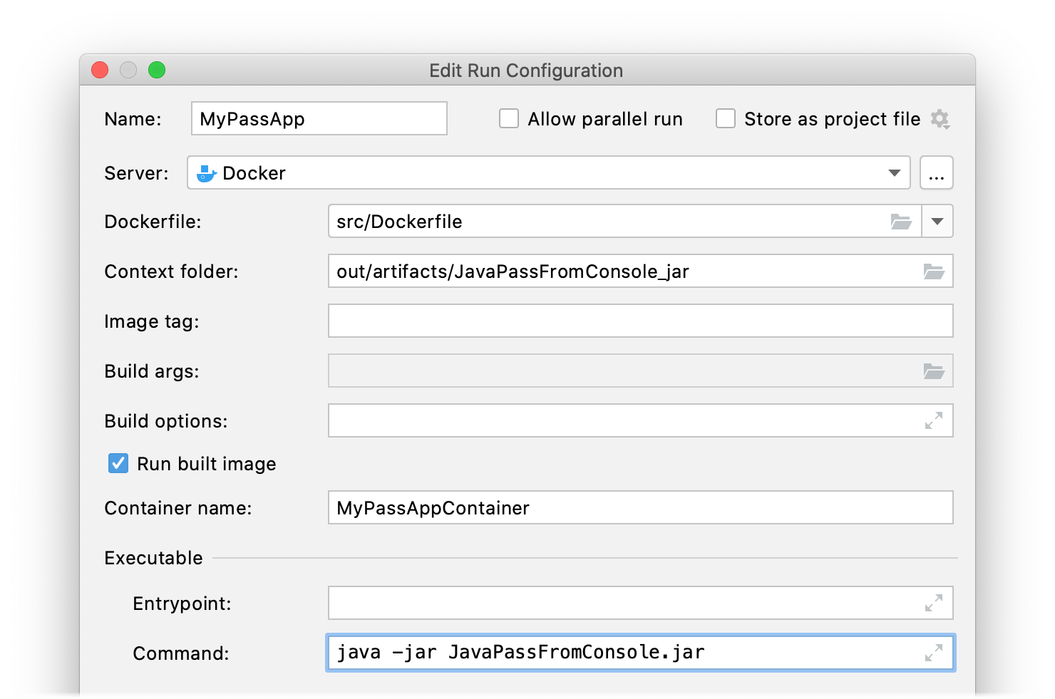 Docker run configuration from Dockerfile