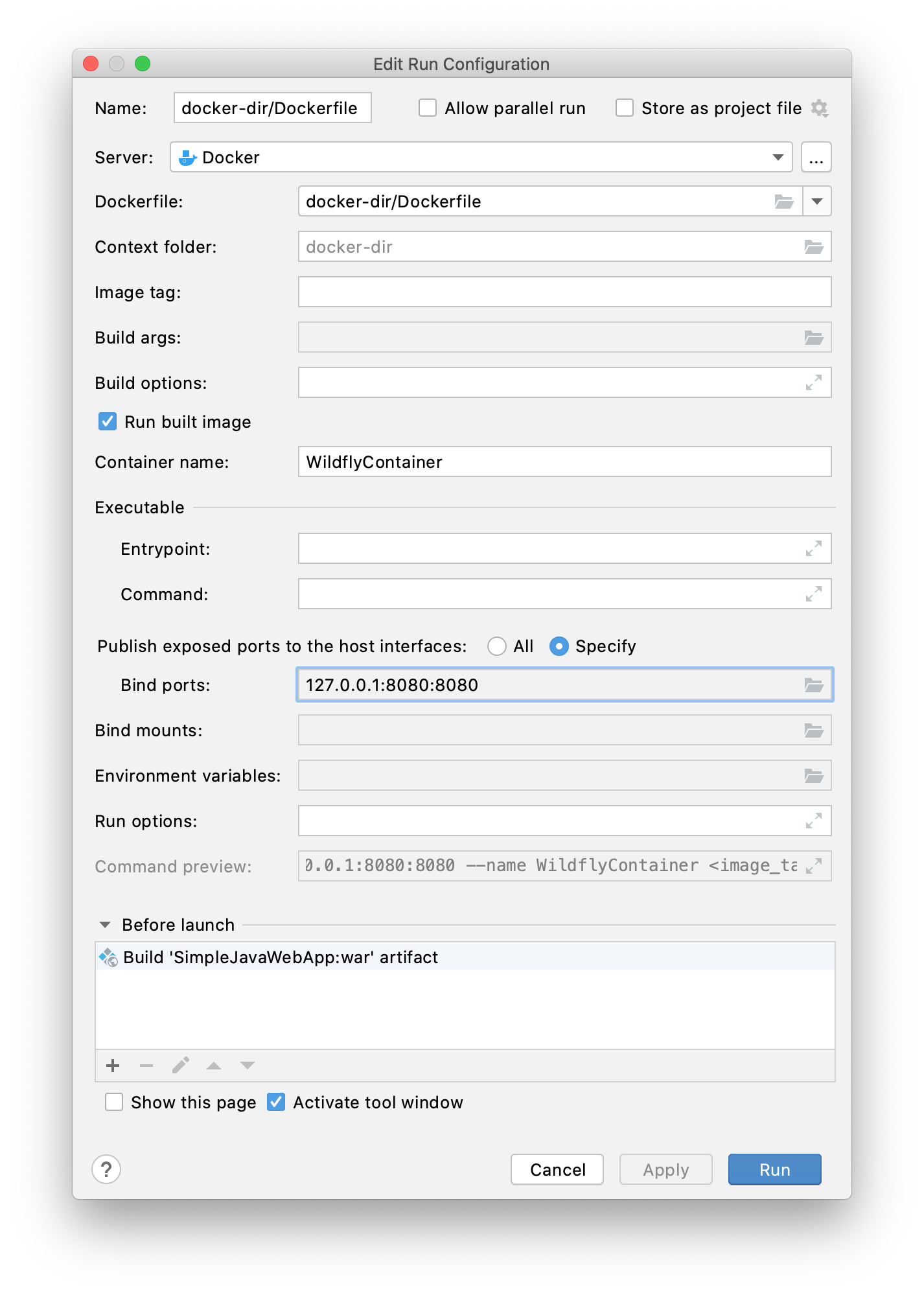 The Edit Run Configuration window