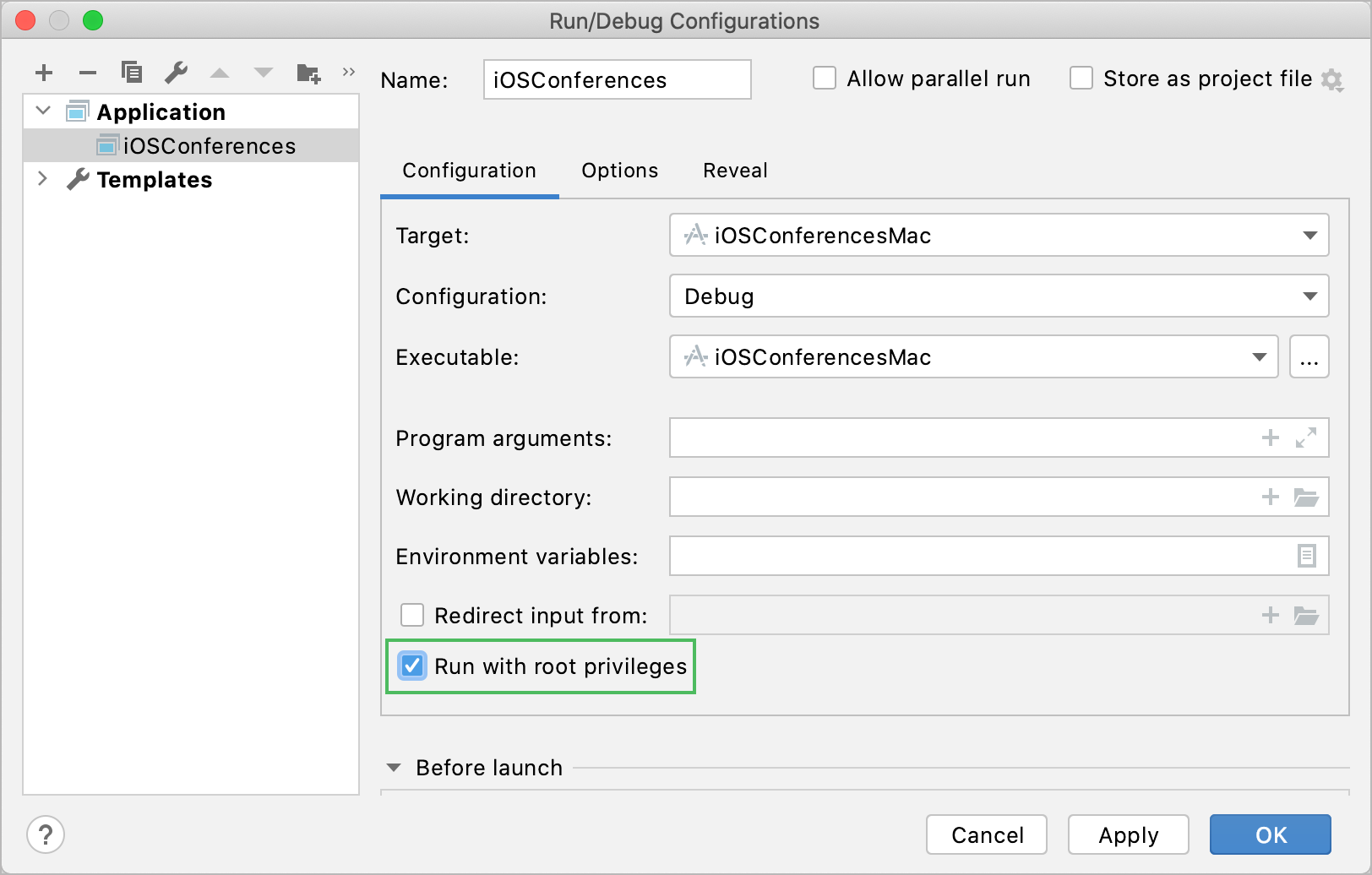 Debug as root checkbox