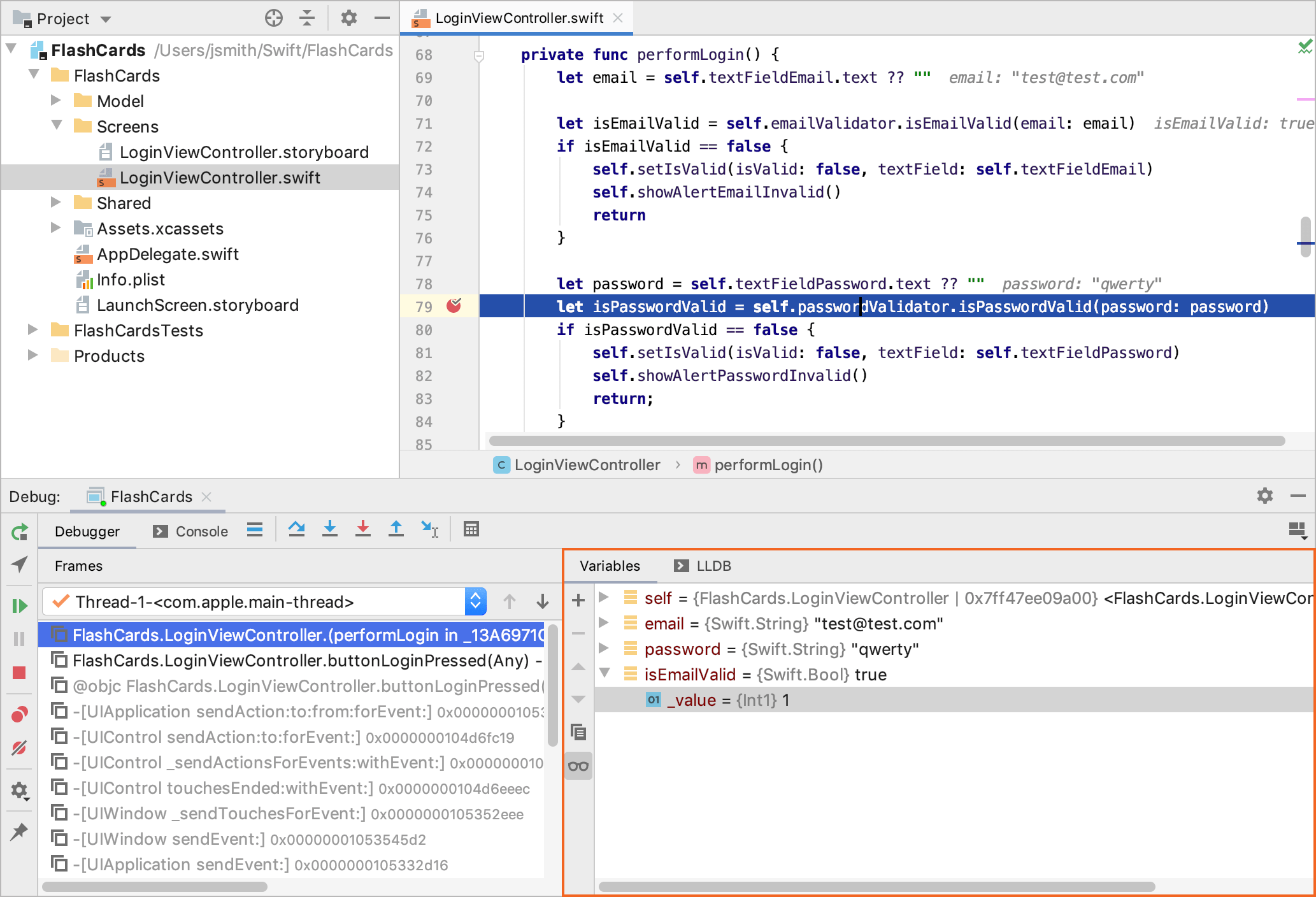 The Variables tab shows you the variables visible from the current execution point