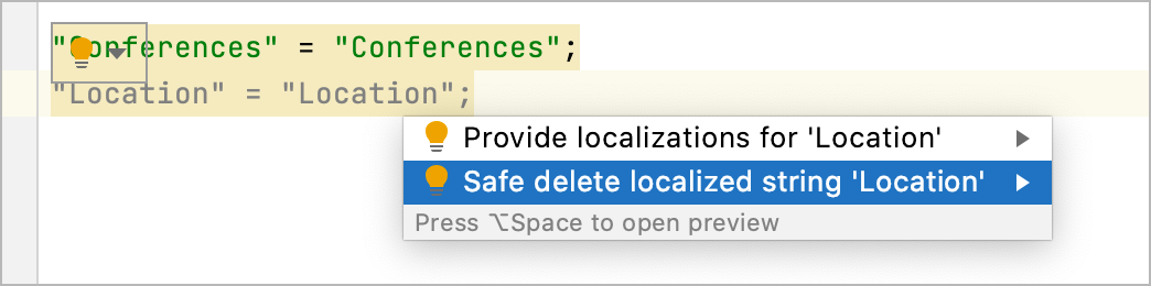 Delete localized string quick-fix