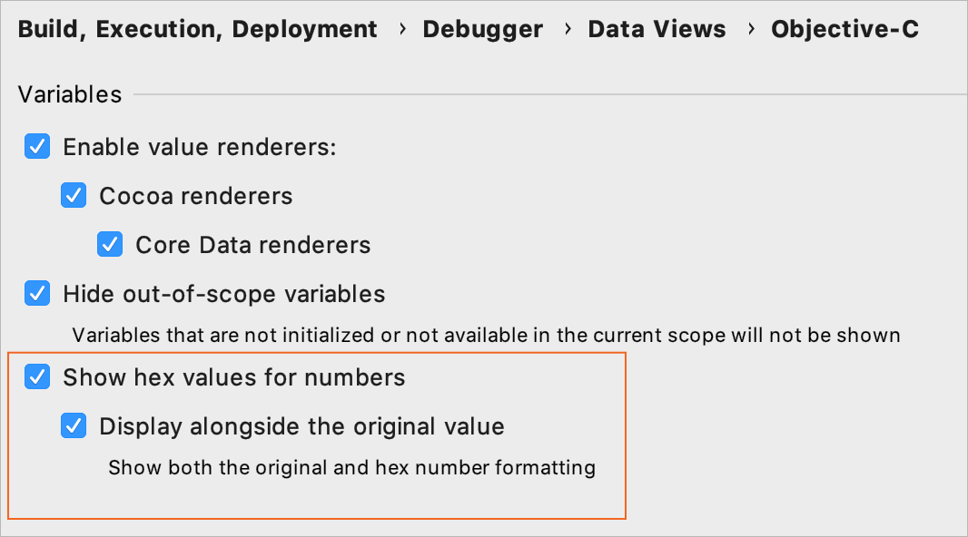 Enable hex view in Debugger preferences