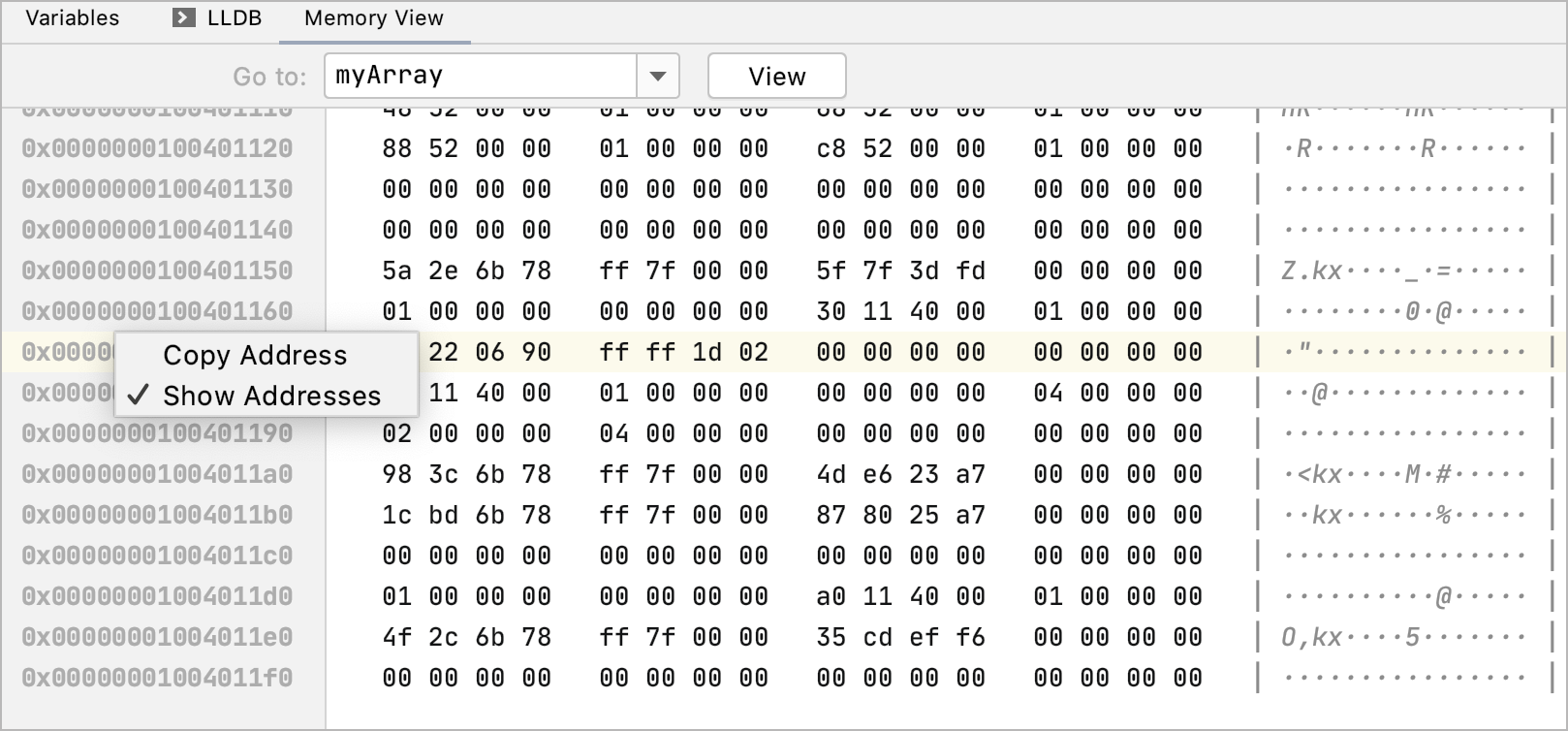 Addresses column menu