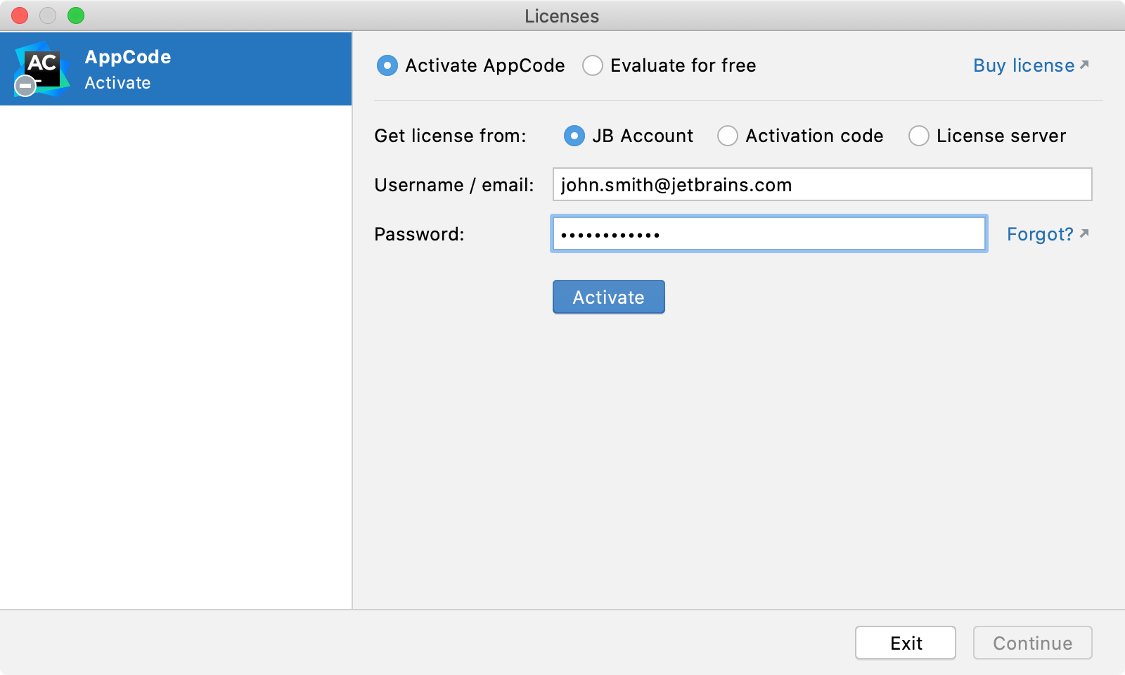 AppCode: Licenses dialog