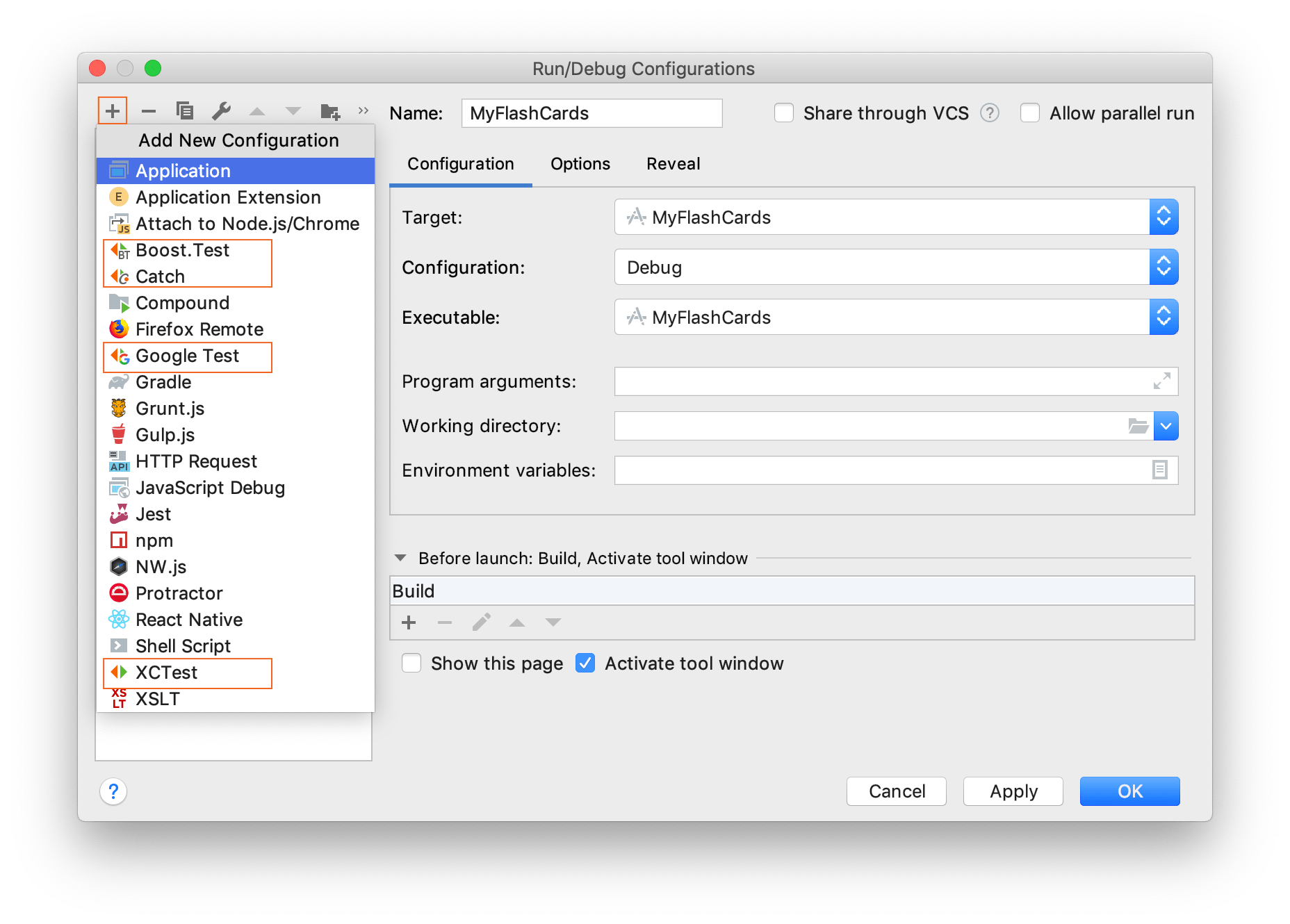 Add a run/debug configuration for tests