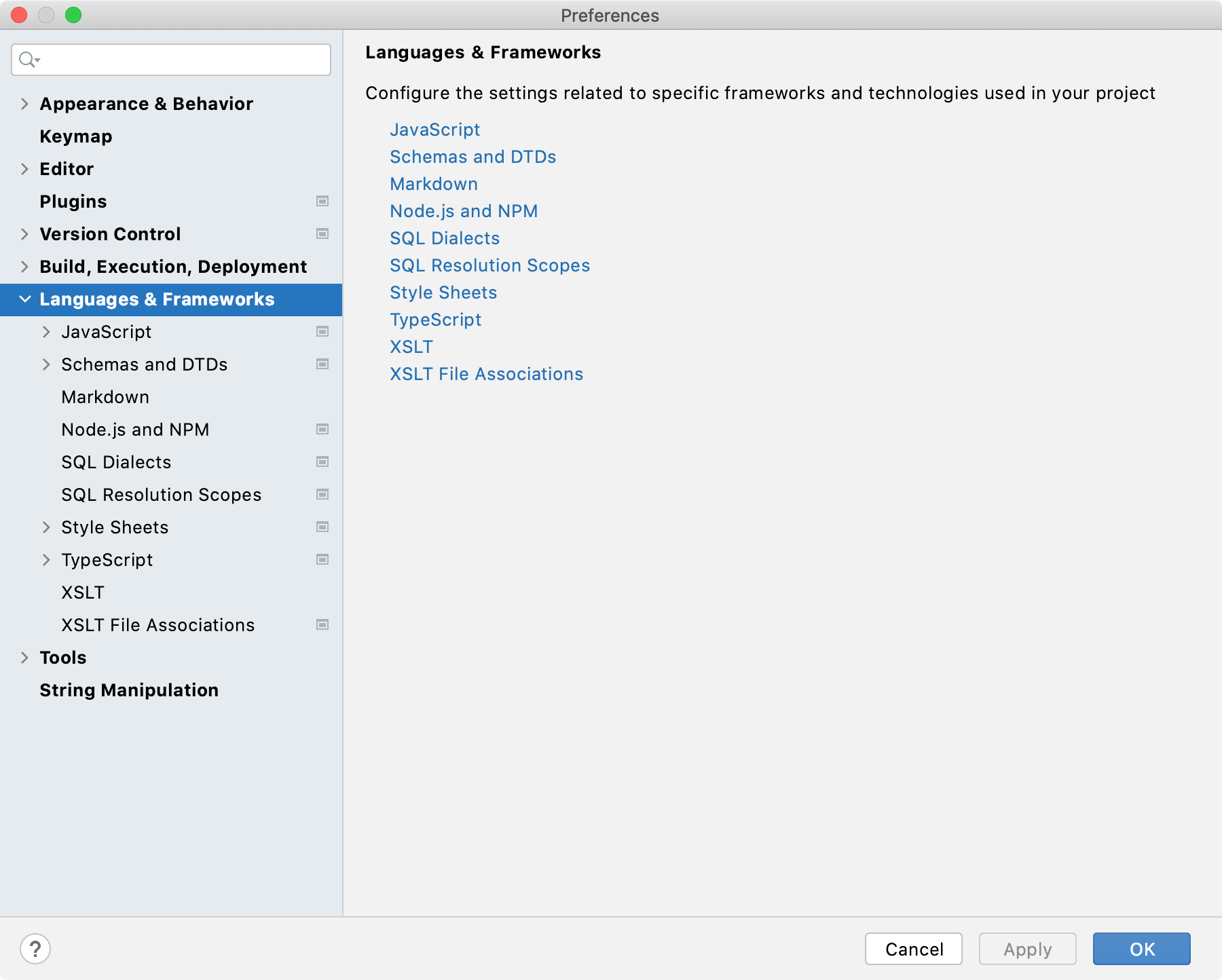 Settings: Languages and Frameworks