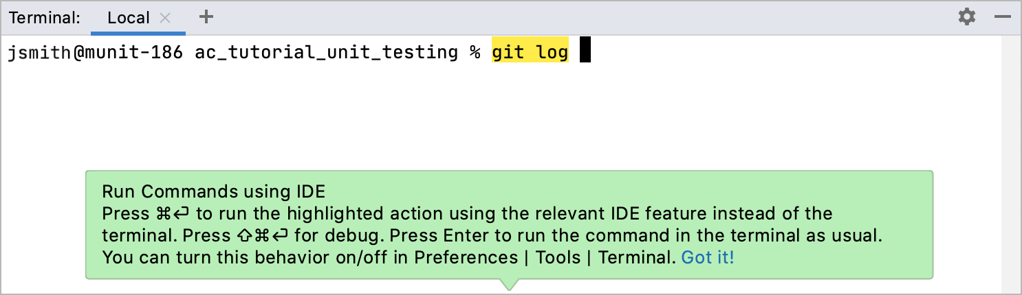 Smart command execution highlighting for git log in the terminal