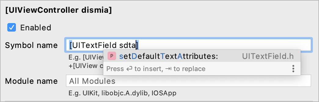 Symbolic breakpoint settings