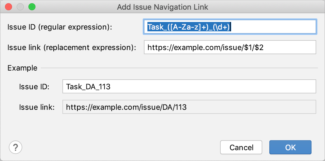 Add Issue Navigation Link dialog