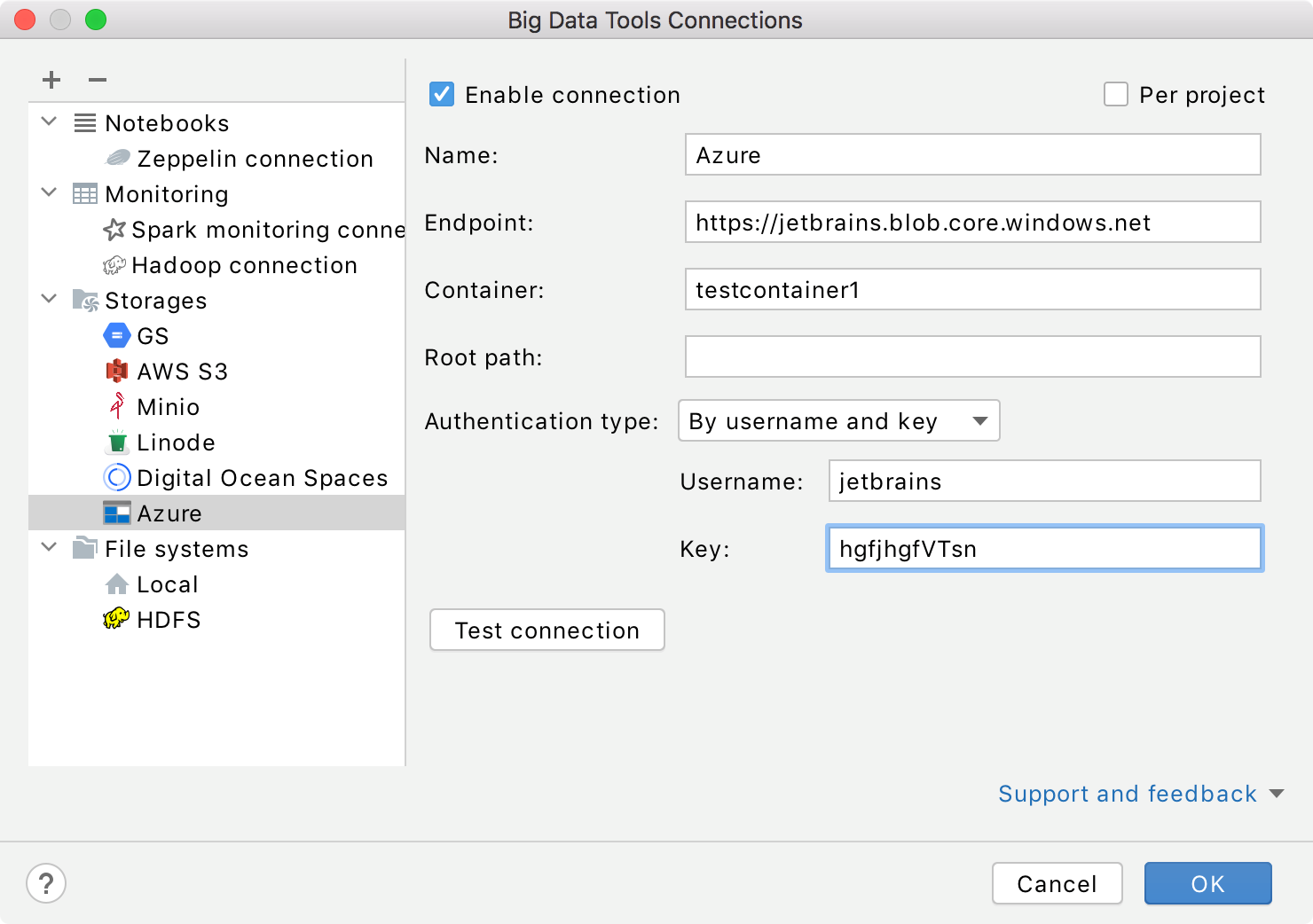 Connection settings for Azure Storage