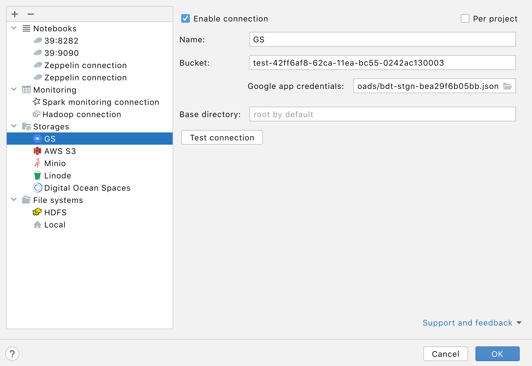 Connection settings for Google Storage