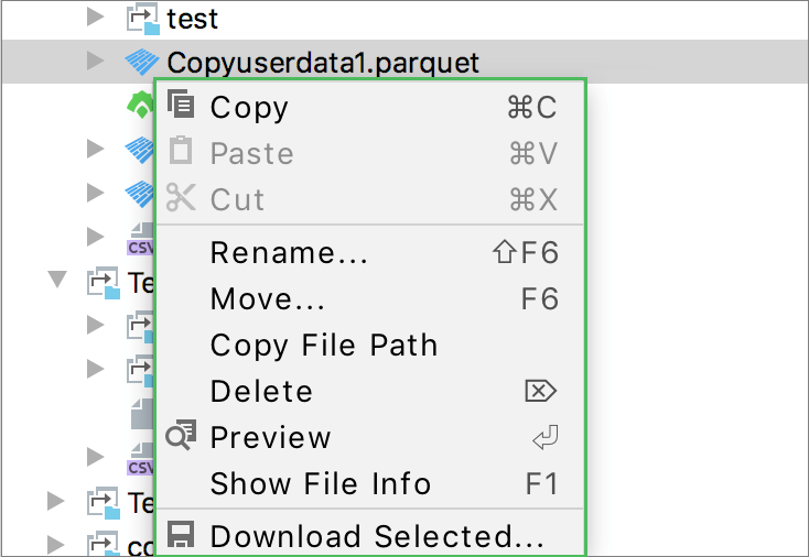 Context menu to work with the data files