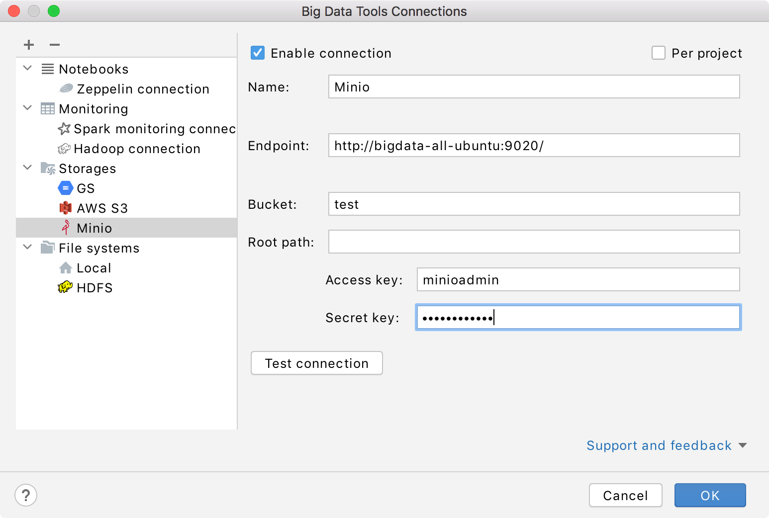 Configure Minio connection