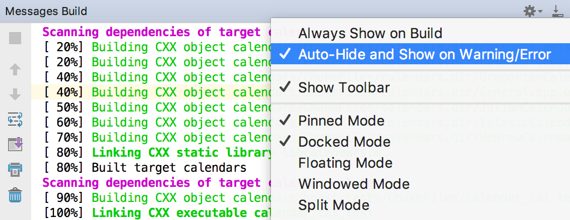 Options for build output window