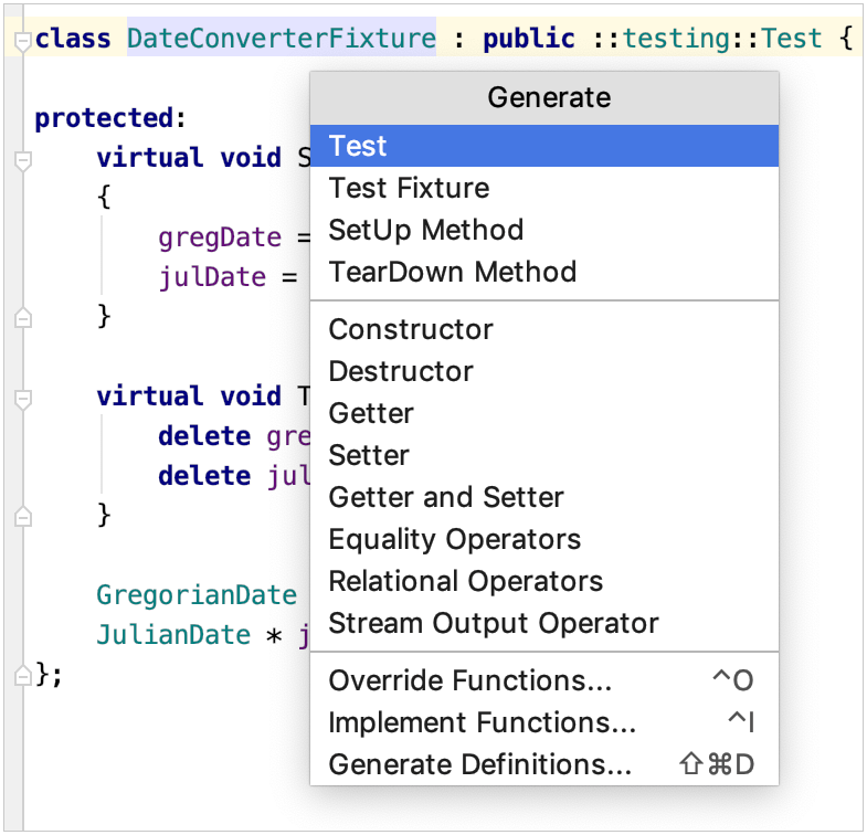 generate menu for tests