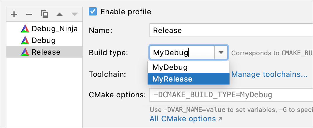 custom build types for new cmake profile