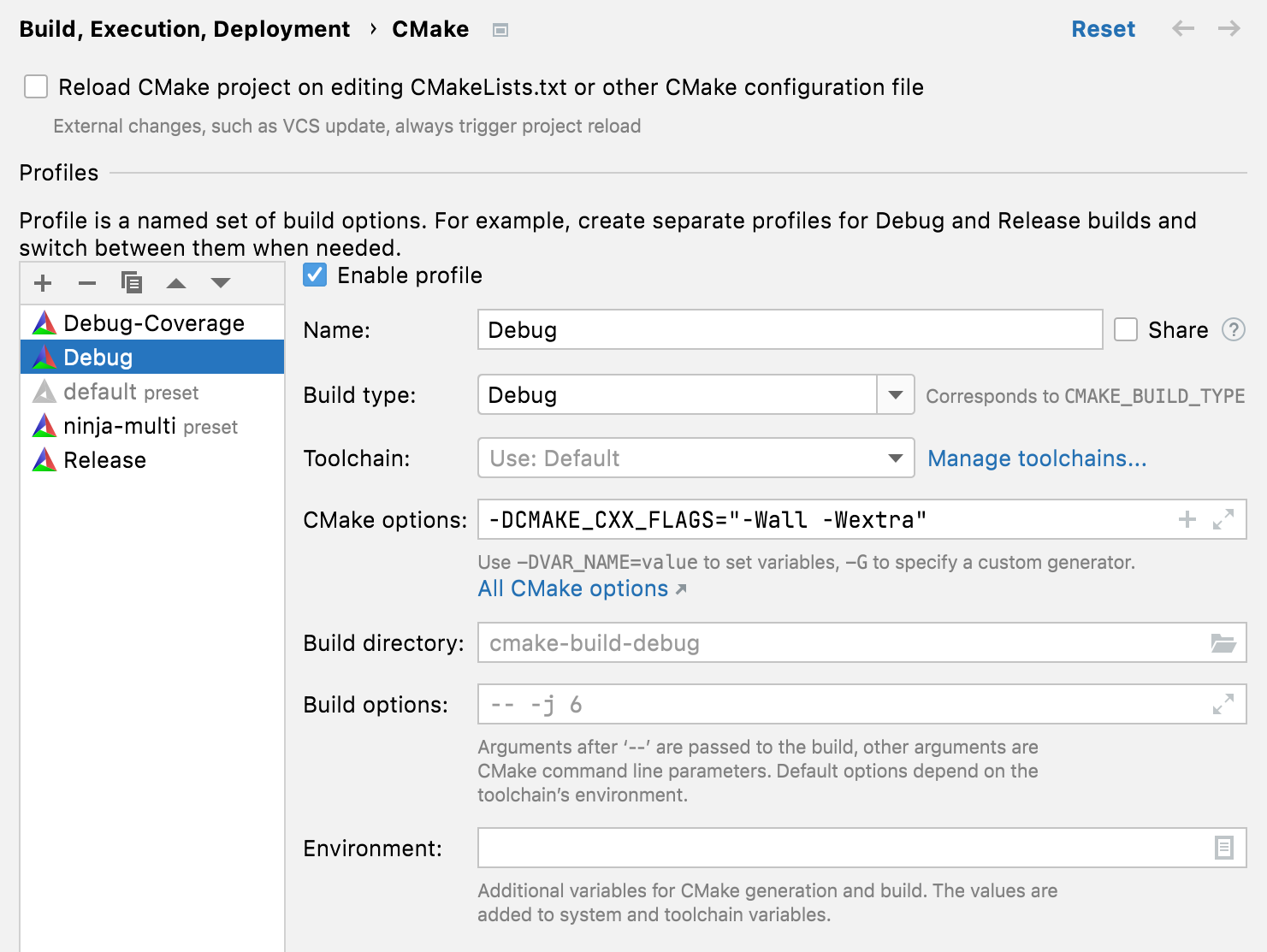 CMake settings dialog