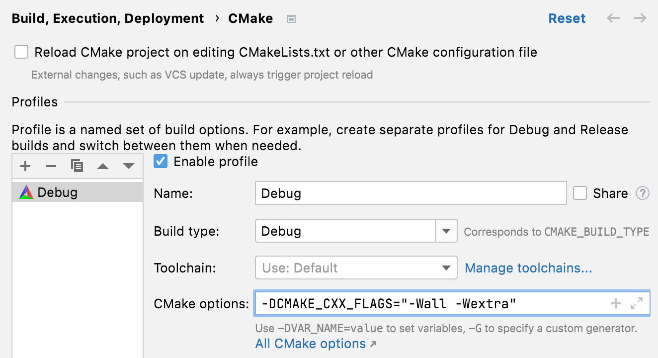 Setting compiler flags in CMake options