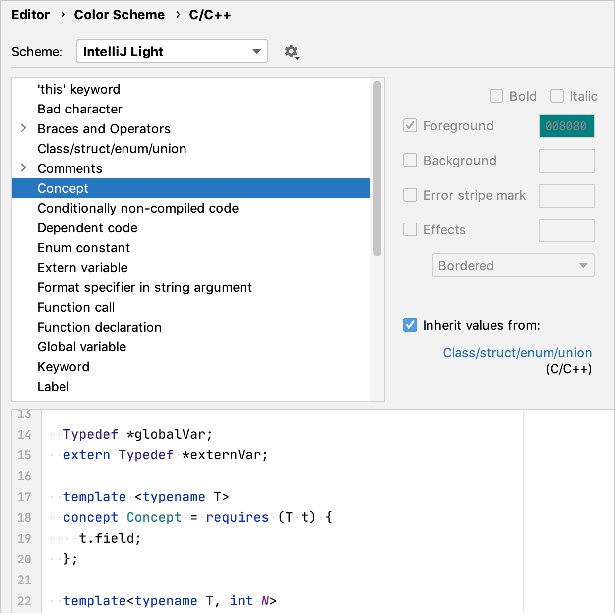 Syntax highlighting settings for Concepts