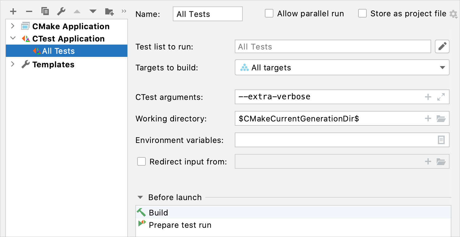 The automatically created configuration for CTests