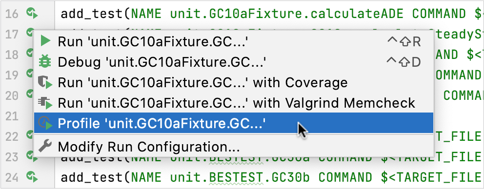 Profiling in the gutter menu for tests