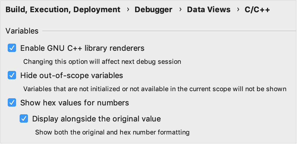 C/C++ debugger data views settings