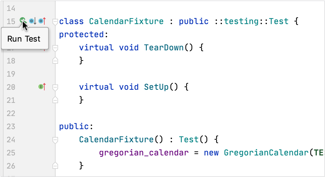 Running a test using the gutter icon