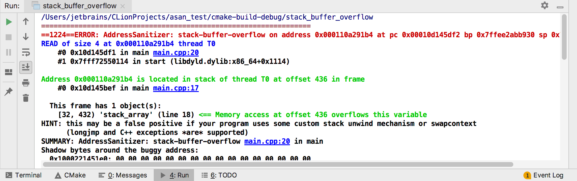 CLion Sanitizers plain output