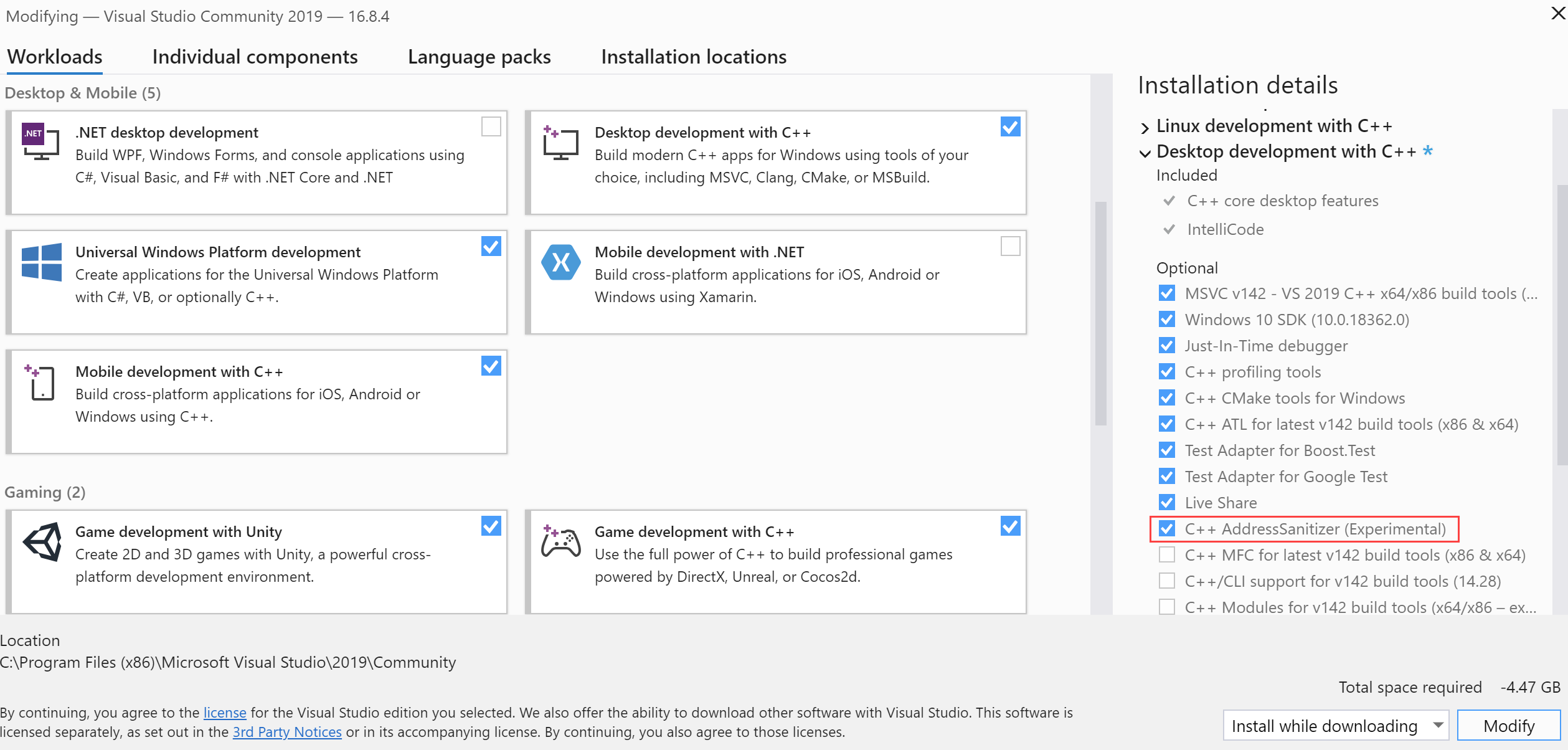 Selecting AddressSanitizer in Visual Studio Installer