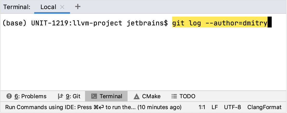 Smart command execution highlighting for git log in the terminal