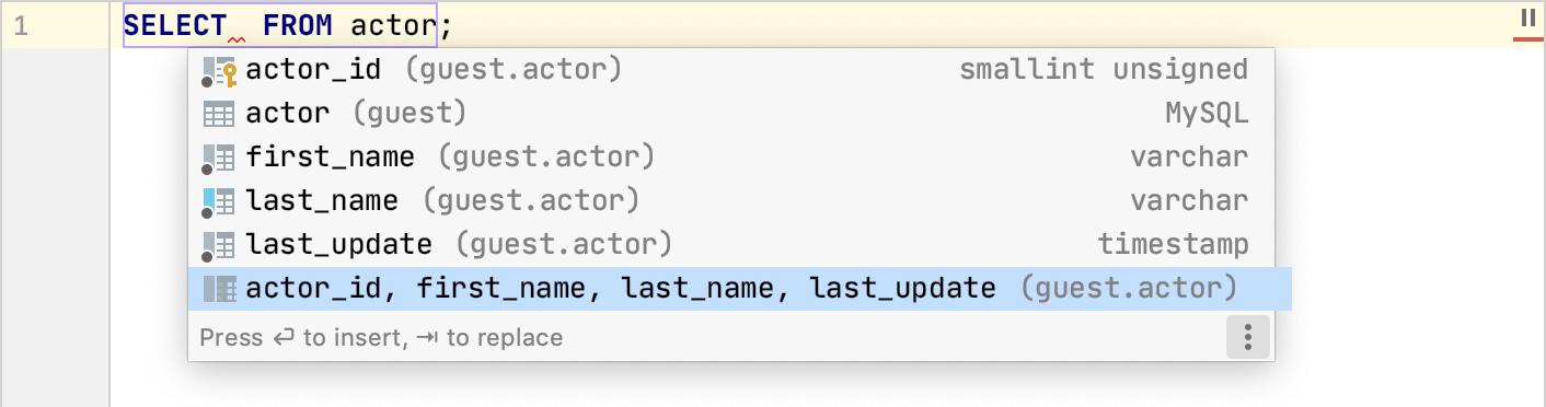 Example of the SELECT statement completion Example of the SELECT statement completion