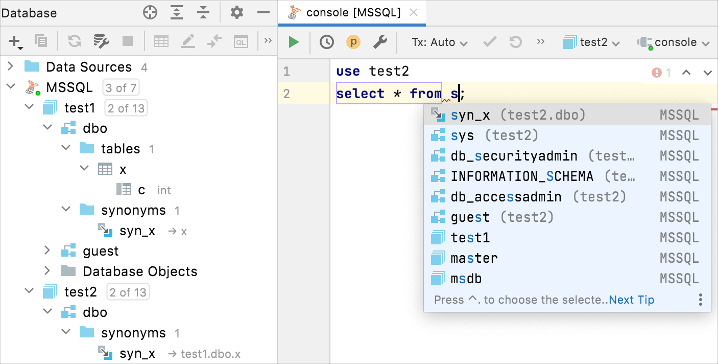 completion for cross-database synonyms completion for cross-database synonyms
