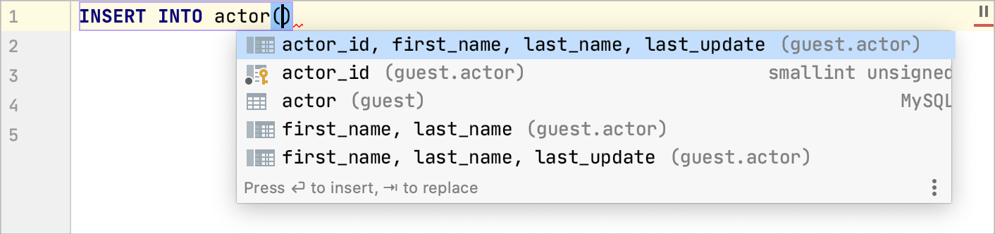 Example of the INSERT statement completion Example of the INSERT statement completion