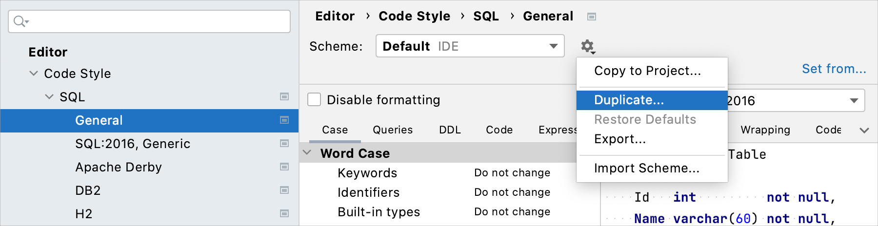 Create a code style for SQL