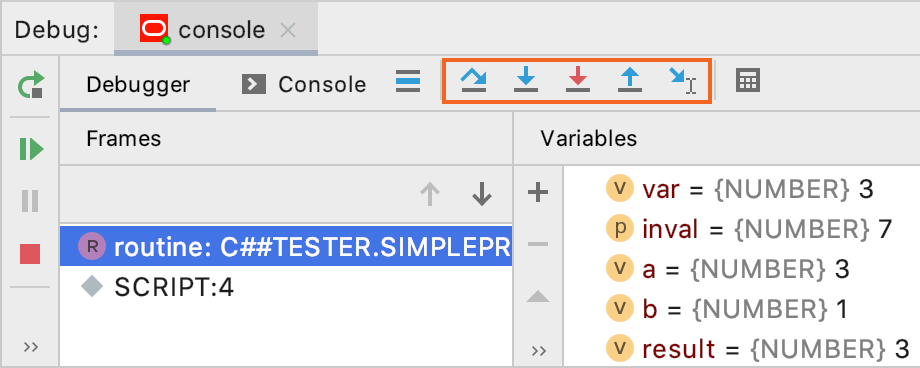 Stepping buttons in the Debug tool window Stepping buttons in the Debug tool window