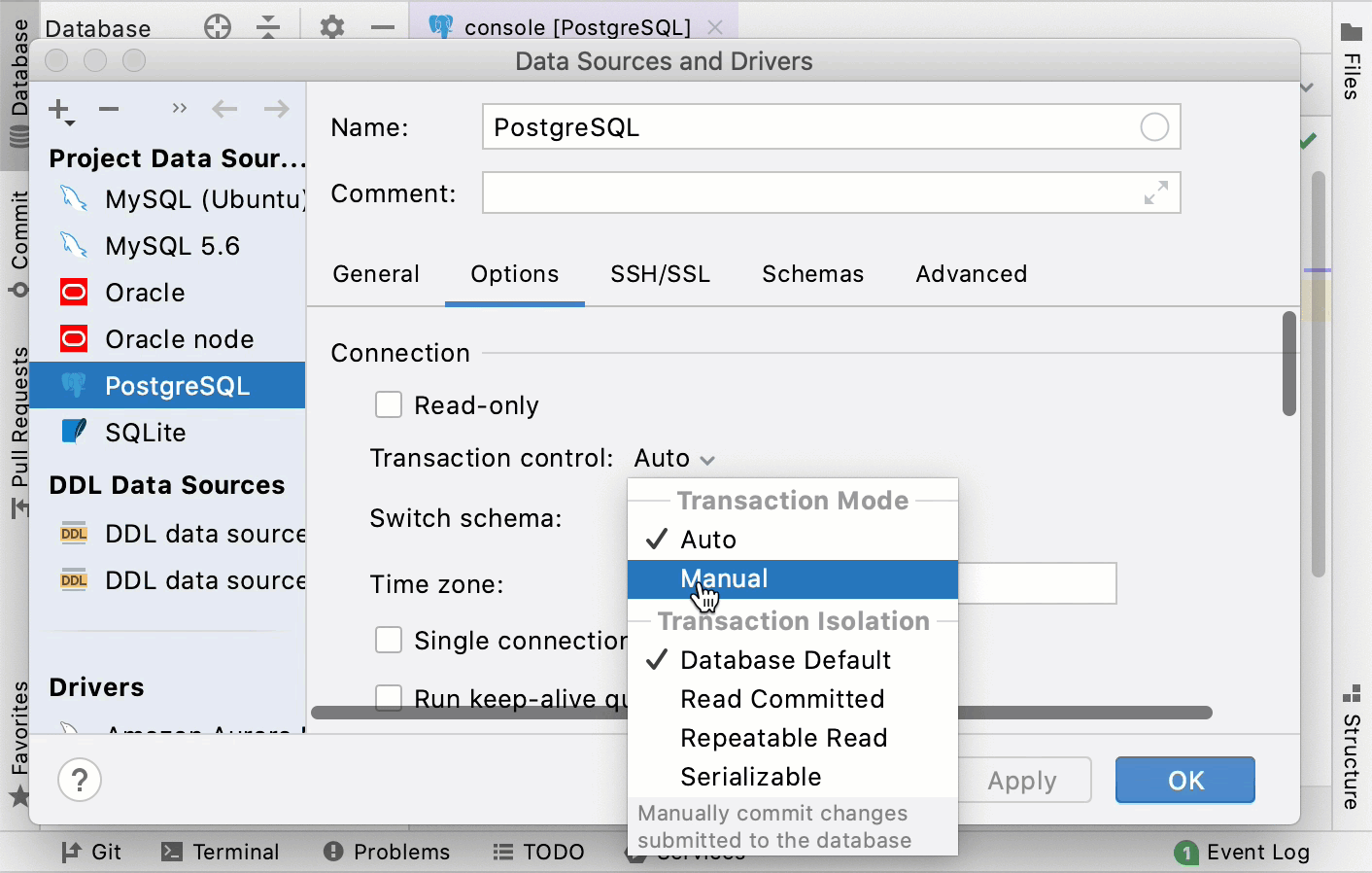 default transaction mode for a data source