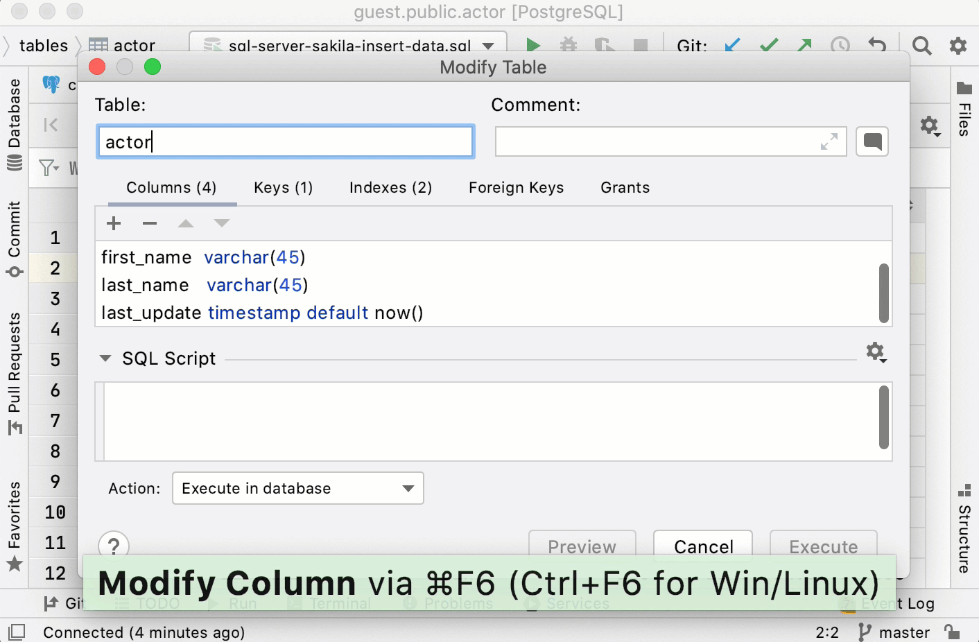 Modify a table from the data editor